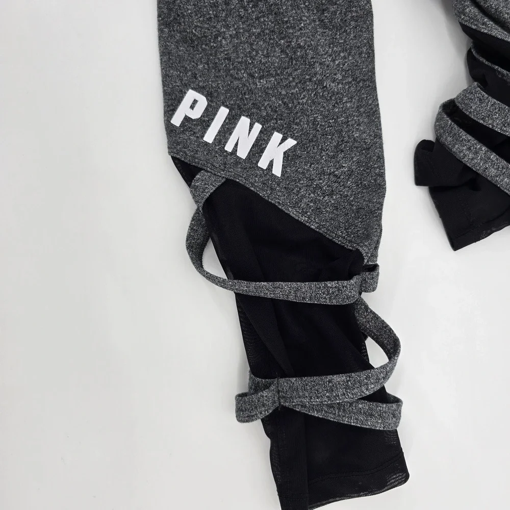 Victorias Secret PINK Yoga Leggings Womens M Gray Mesh Strap Capri Activewear
